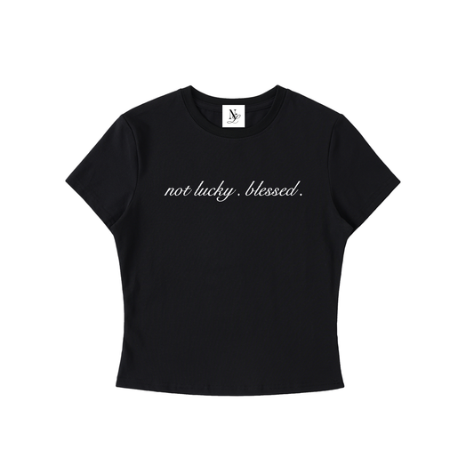 Not Lucky. Blessed. Embroidered Essential Bodycon Crewneck T-Shirt Black
