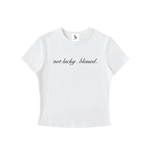 Not Lucky. Blessed. Embroidered Essential Bodycon Crewneck T-Shirt White